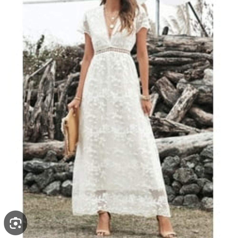 White V-Neck Short Sleeve Maxi Sundress